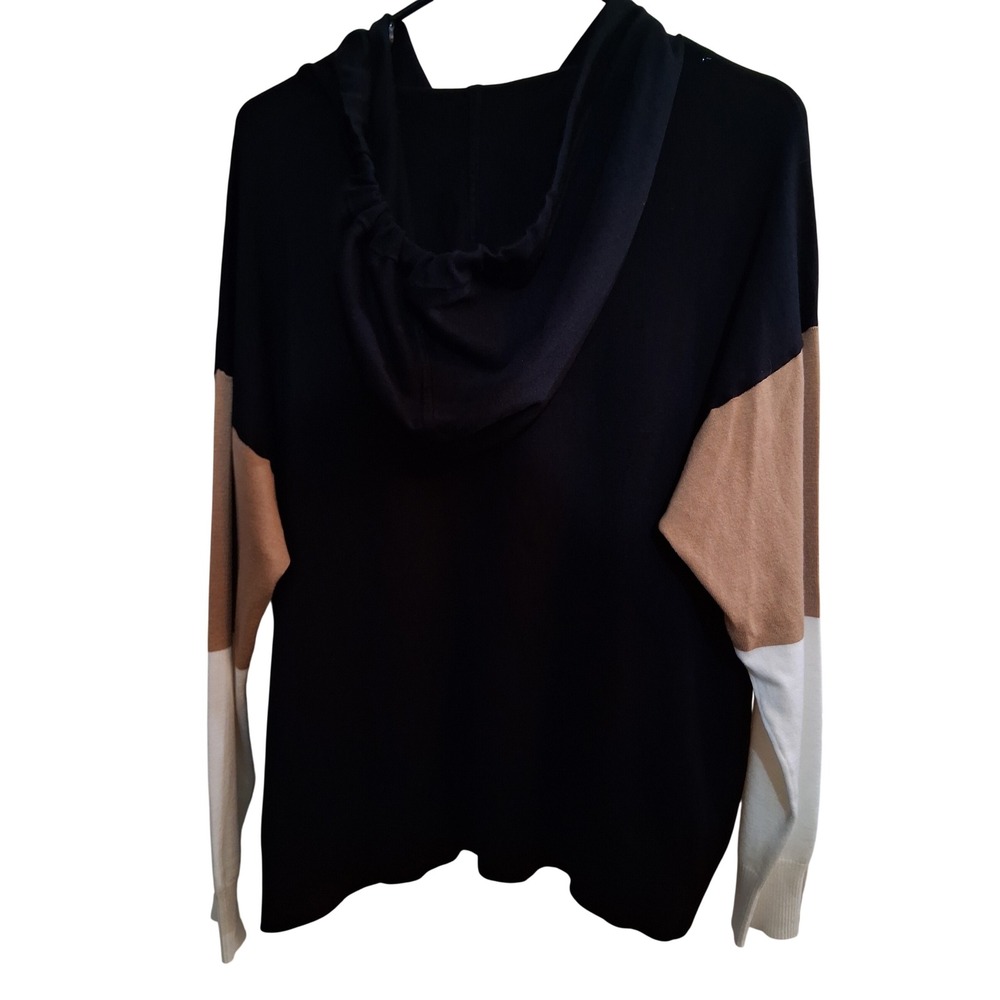 Anne Klein Colorblock Hoodie Sweater Women Large Black Tan White Knit Pullover - Picture 2 of 7